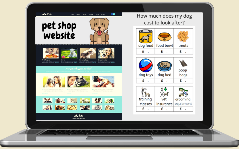 computer screen showing a pet shop website on one side and work sheet on the other