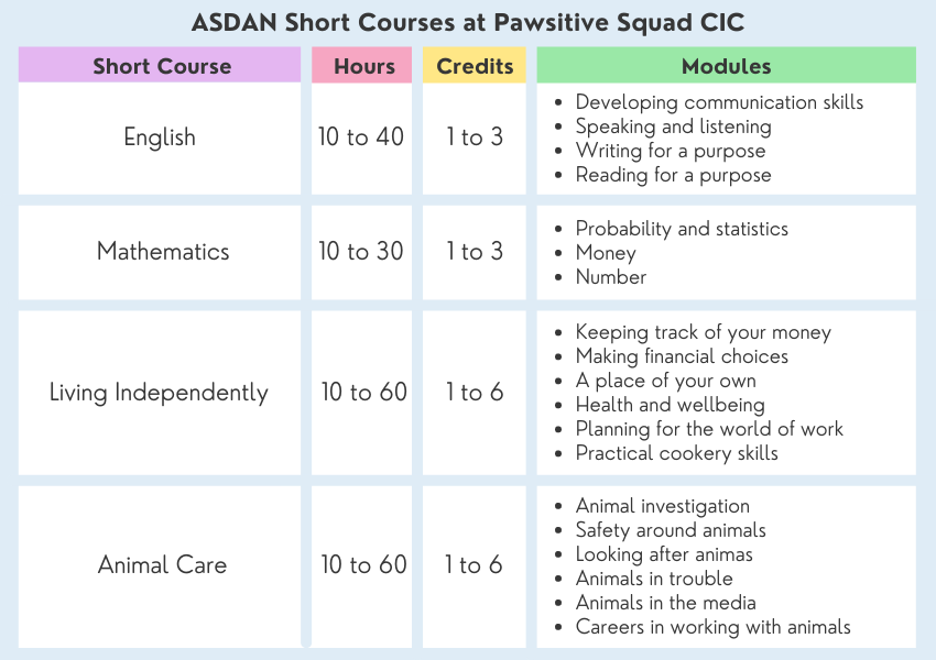 Chart of short courses and modules covered by Pawsitive Squad CIC. Please click to dowload the screen reader version